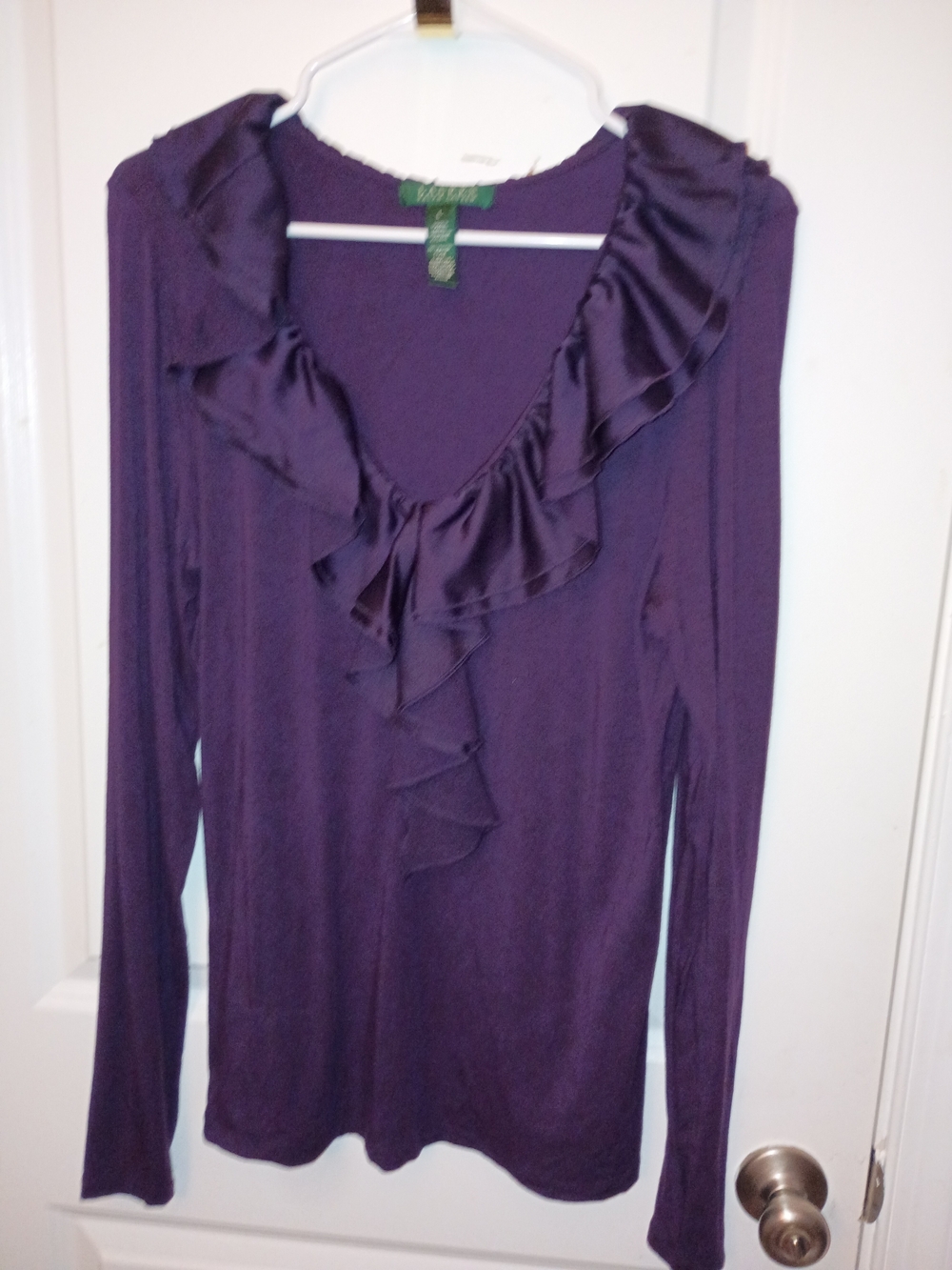 Ralph Lauren Deep Purple Satin-Ruffle Long Sleeve Top